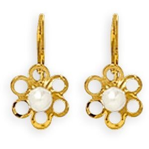 Boucles D'oreilles Or 375 Pendant 12mm Fleur 6mm Perle de Culture 2mm