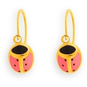 Boucles D'oreilles Or 375 Pendant 14mm Coccinelle Laque Rose 6*7mm