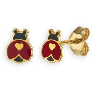 Boucles D'oreilles Or 375 Coccinelle Email Rouge Noir 5.5*6.5mm