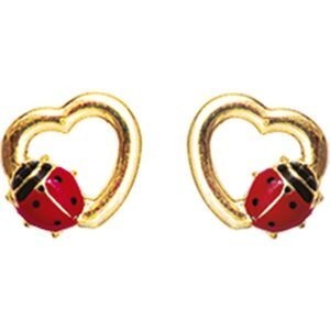 Boucles D'oreilles Or 375 Cœur Coccinelle Email Rouge Noir 6.5*7mm Fermoir Or 375 Silicone