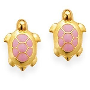 Boucles D'oreilles Or 375 Tortue Email Rose 5.4*7.4mm Fermoir Vis