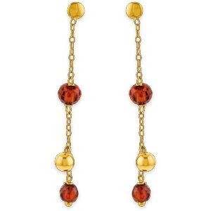 Boucles D'oreilles Or 375 Cristal Orange 5 et 4mm boule 4mm Pend 45mm Chaîne 1.06mm