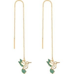 Boucles D'oreilles Or 375 Pendant 100mm Colibri Email Vert 10*10mm