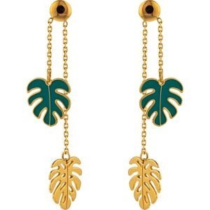 Boucles D'oreilles Or 375 Pendant 35mm Feuilles Palmier 8*9mm Email Vert 7.5*8.5mm