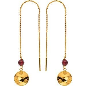 Boucles D'oreilles Or 750 Pendant 108mm Batée 9mm Cristal Grenat 4mm