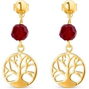 Boucles D'oreilles Plaqué Or Pendant 30mm Arbre De Vie 12mm Cristal Grenat 5mm