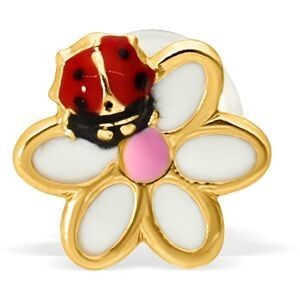 Boucles D'oreilles Or 375 Fleur Coccinelle Email Multicol 7.5mm Fermoir Or 375 Silicone