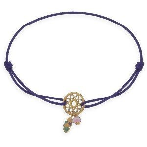 Bracelet Or 375 Attrape Rêve 8.5*17mm Email Couleurs Zircon Rose Cordon Mauve 16cm