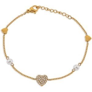 Bracelet Acier Jaune 17  à 20cm Perles 4mm Cœurs Zirconium 18mm