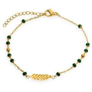 Bracelet Acier Jaune Chaîne 1.5mm 17  à 20cm Boules 3mm Email Vert Feuille 4.5*14mm