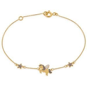 Bracelet Or 375 0.80mm Licorne 10*8mm Etoiles 4mm Email Pailleté 14  à 16cm