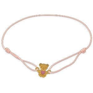 Bracelet Or 375 Ourson Email Rose 10*9.5mm Cordon Rose 14cm