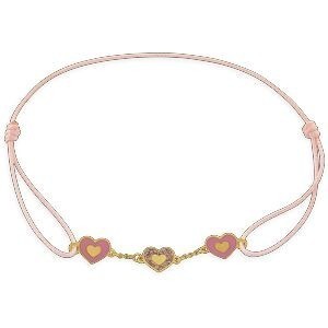 Bracelet Or 375 Cœurs Email Rose Pailleté 6mm Cordon Rose 16cm