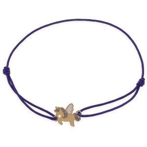 Bracelet Or 375 Licorne Email Pailleté 12.5*9.1 Cordon Mauve 16cm