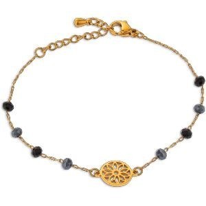 Bracelet Acier Jaune Pierres Synthétiques Noires 3.5mm Motif 10mm 16  à 19cm