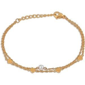 Bracelet Acier Jaune Double Rangs Perle 4mm Coeurs