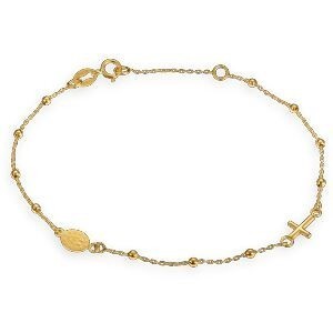 Bracelet Chapelet Or 750 Chaîne 1mm Boules 2mm Médaille Croix 17  à 19mm