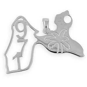 Pendentif Argent 925 Carte Guadeloupe 971 Palmier 26*18mm Avec Bélière