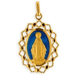 Médaille Plaqué Or Ovale Miraculeuse Email Bleu 20*35mm Avec Bélière