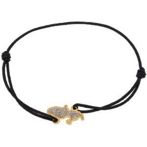 Bracelet Or 375 Carte Martinique Email Pailleté 16.5*10mm Cordon Noir 19cm