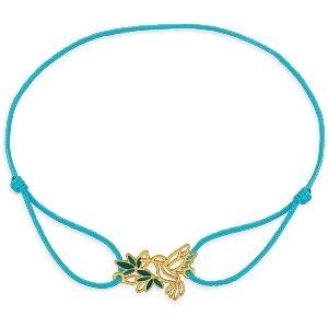 Bracelet Or 375 Colibri Fleur Email Vert Cordon Bleu 18cm