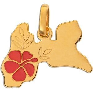 Pendentif Or 375 Carte Guadeloupe Hibiscus Email Orange 16.5*12mm Avec Bélière