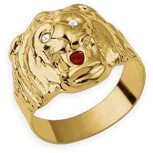 Chevalière Or 750 Tête De Lion 20mm Cristal Blanc Rouge Corps 6mm Au Plus Etroit Taille 66