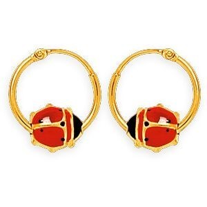 Créoles Or 375 Coccinelle Laque Rouge Noire 12.5mm Tube 1.3mm