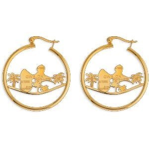 Créoles Acier Jaune 37mm Tube 2mm Carte Guadeloupe Palmiers