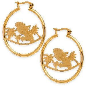 Créoles Acier Jaune 37mm Tube 2mm Carte Martinique Palmiers