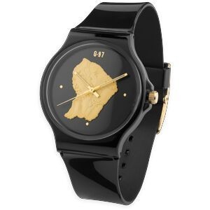 Montre Unisexe 30mm Cadran Noir Carte Guyane Doré Bracelet Plastique Noir 3atm