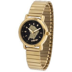 Montre Enfant Carte Guyane Doré Cadran Noir 28mm Brac Acier Doré Elastique 3 Atm