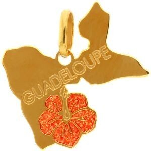 Pendentif Or 375 Carte Guadeloupe Hibiscus Email Orange 16*13mm Avec Bélière