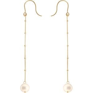 Boucles D'oreilles Or 375 Pendantes Chaine Boules Lisses Perles Blanches