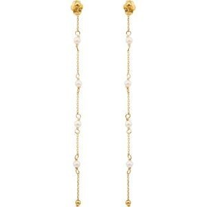 Boucles D'oreilles Or 375 Pendantes Chaine Petites Perles Blanches