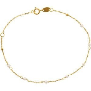 Bracelet Or 375 Perles Blanches  Boules Lisses 17 à 20cm